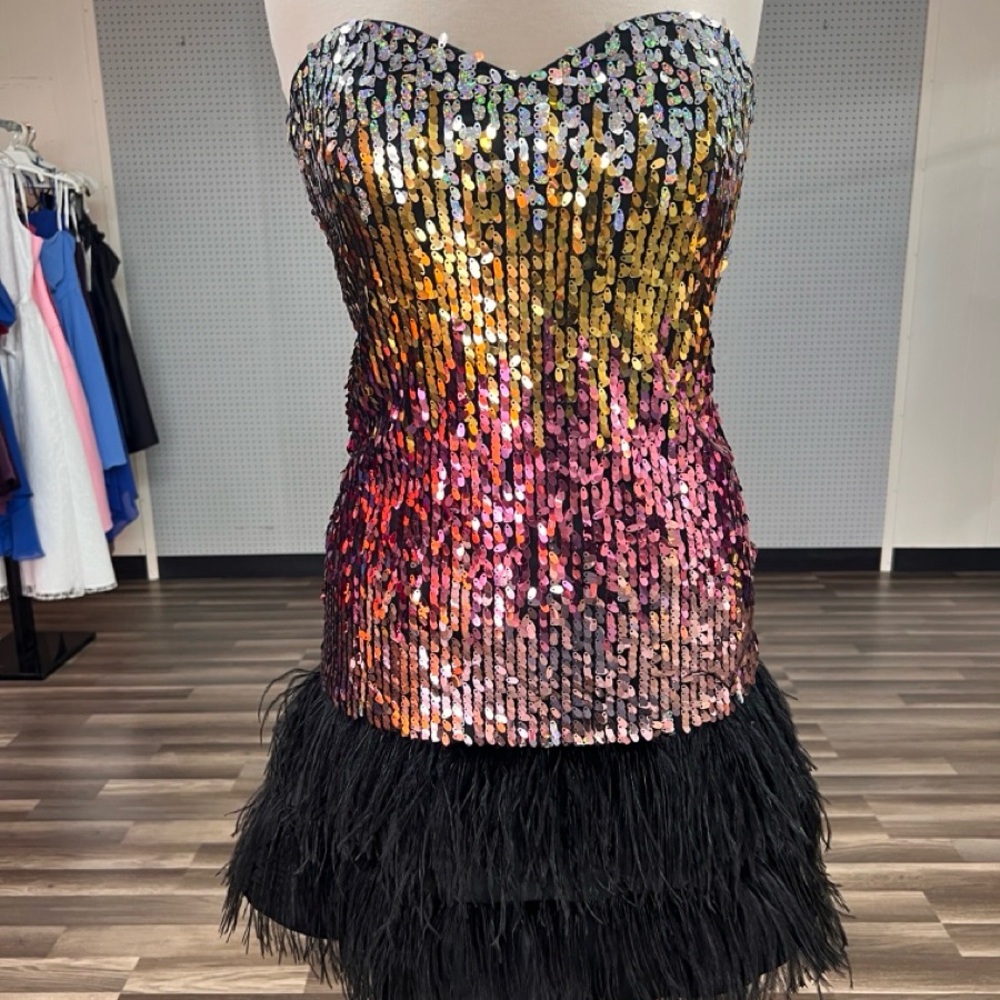 Sequin Ombre Strapless Party Dress with Black Feather Trim